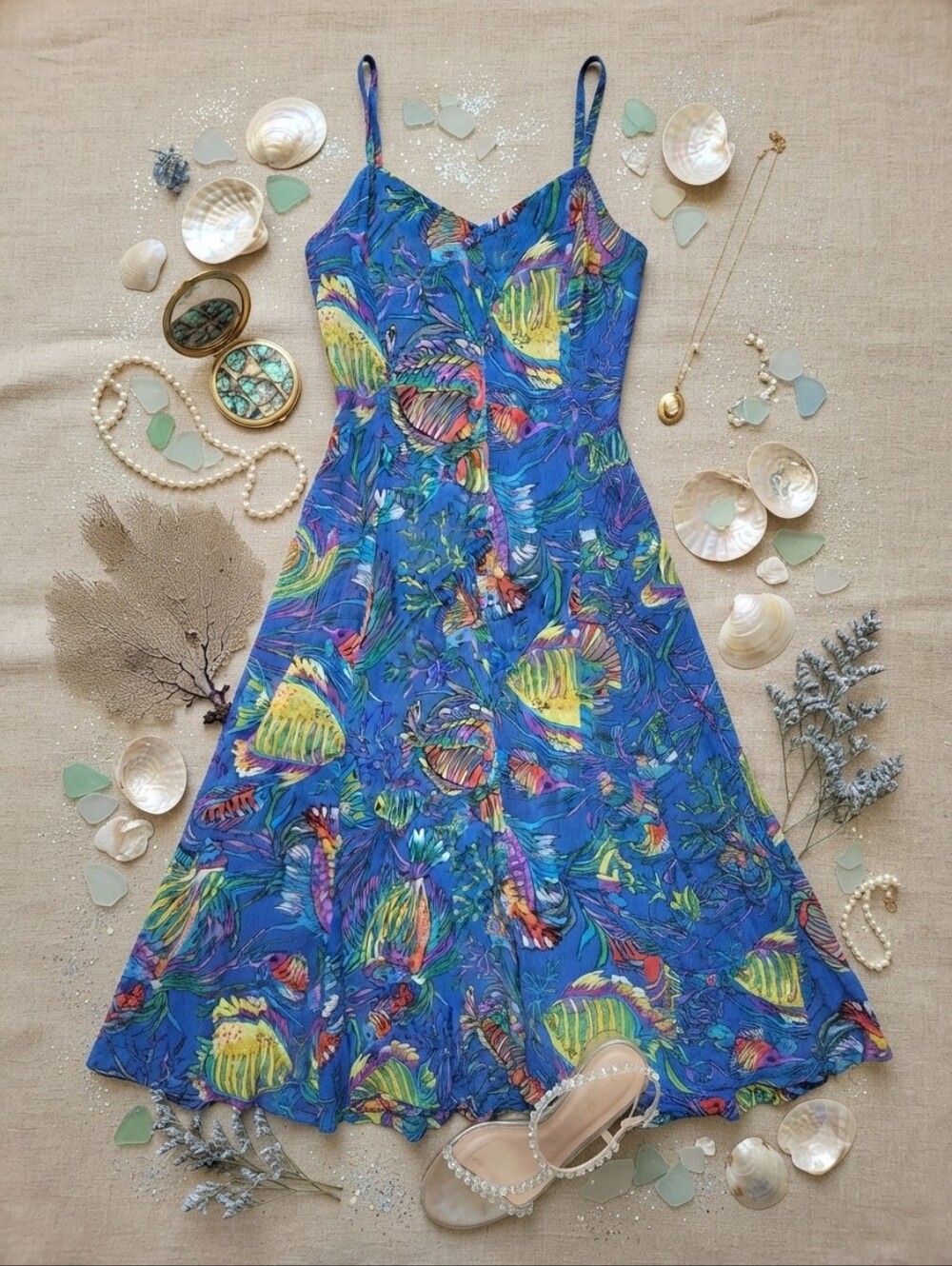 Vintage Adini NY London “Under the Sea” Cotton Gauze Flowy Maxi Dress